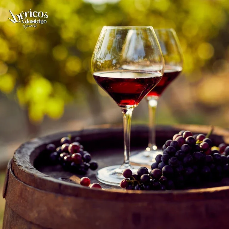 Copas de vino tinto sobre barrica con uvas